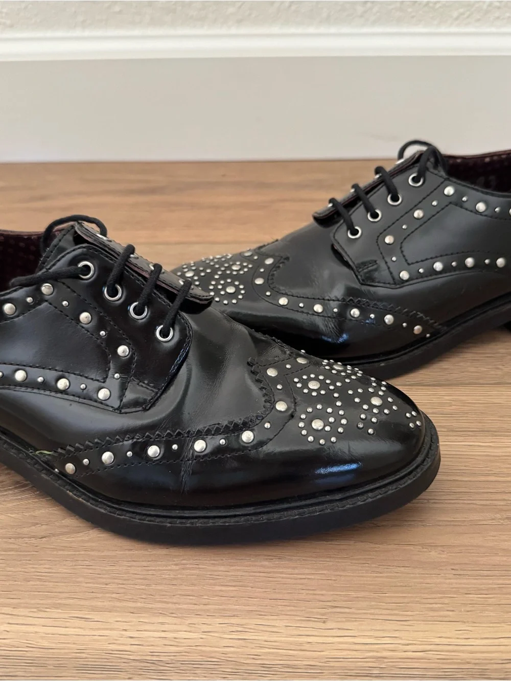L&B Black Leather Studded Wingtip Oxfords